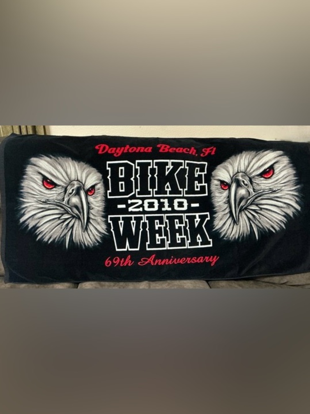 Daytona Beach BIKE WEEK 2010 69th Anniversary Black Graphic Beach Towel, NWOT